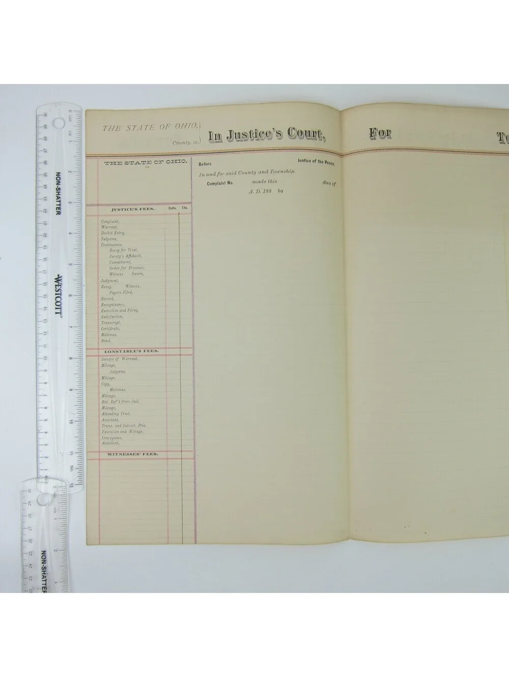 1880s Ohio Court Record Form Blank Justice, Constable, Witness Fees Antique RARE